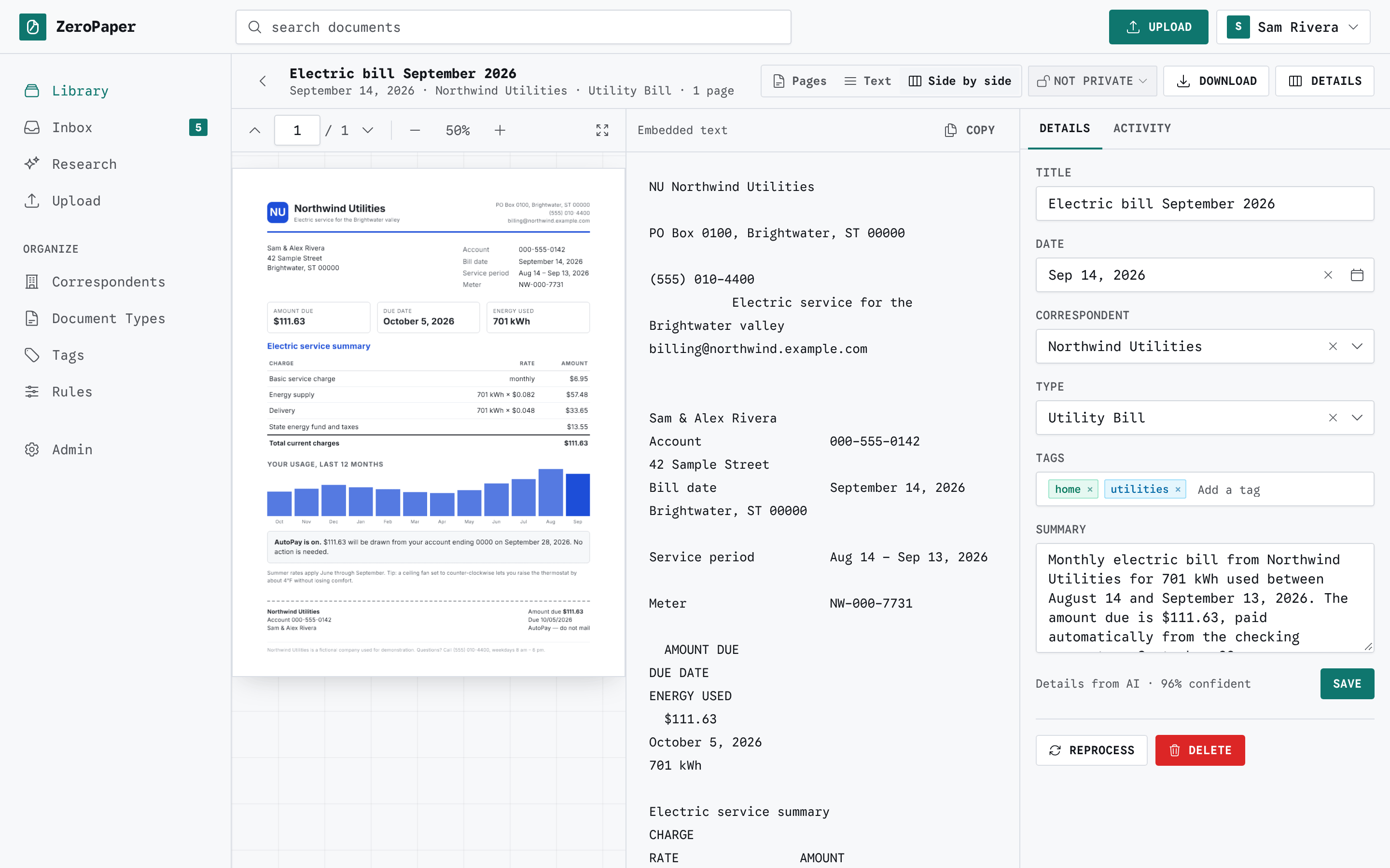 A September electric bill open in ZeroPaper: the PDF and its extracted text side by side, with the title, date, correspondent, type, tags and summary proposed by AI.